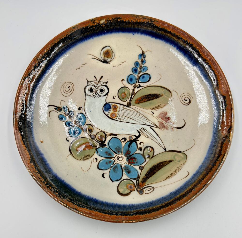 50s Folk-Art Ken Edwards Tonala Pottery Hand Painted Owl Serving Chop Plate